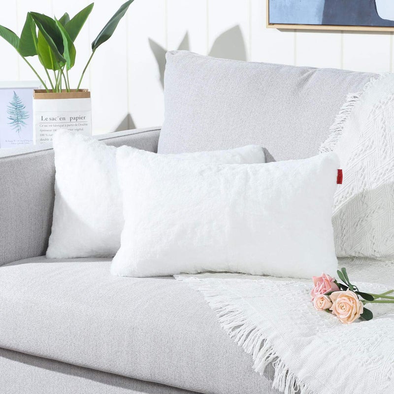 MANDIOO Pack of 2 Pure Snow White Faux Fur Fuzzy Cozy Soft Decorative Throw Pillow Covers Set Lumbar Cushion Cases Pillowcases for Sofa Bedroom Car 12x20 Inches - Image 1